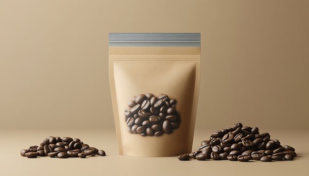 Highquality coffee bean package mockup, featuring a minimalist design and ample blank space for personalized text or graphics