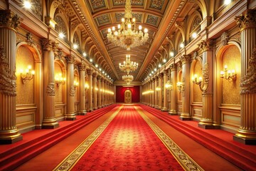Obraz premium Ornate golden hall with red carpet and bright lights