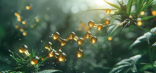 Glowing molecular structure of cannabinoids amidst cannabis leaves in sunlight