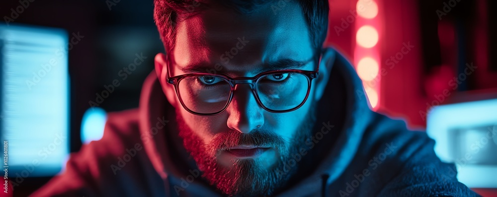 Poster intense male programmer engaged in coding, emphasizing his role as a cybersecurity specialist focuse