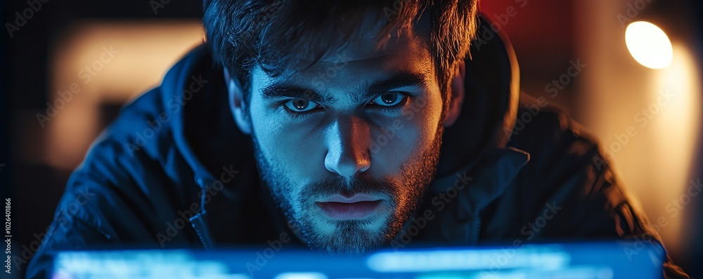 Poster intense male programmer engaged in coding, emphasizing his role as a cybersecurity specialist focuse
