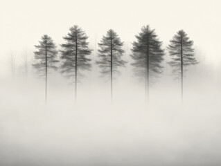 Fototapeta premium Misty morning reveals silhouettes of trees in a tranquil forest landscape at dawn