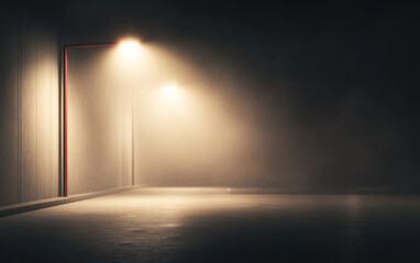 Mysterious foggy corridor illuminated by warm lights in a dimly lit space at night