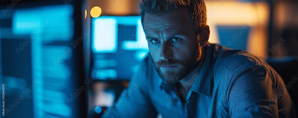 Poster man coding on a computer, showcasing his skills as a cybersecurity specialist with a focus on networ