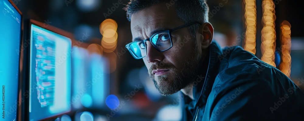 Poster man coding on a computer, showcasing his skills as a cybersecurity specialist with a focus on networ
