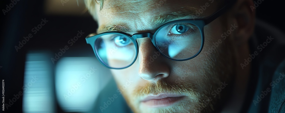 Poster man coding on a computer, showcasing his skills as a cybersecurity specialist with a focus on networ