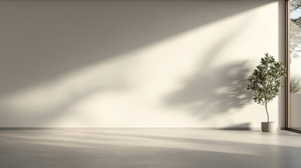 Light and shadow dance on a minimalist interior wall with a potted plant in a sunlit room