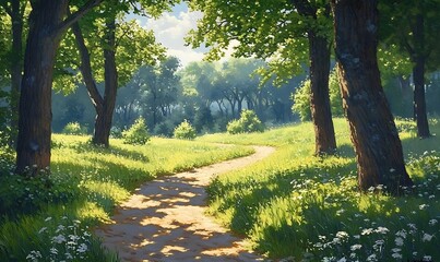 Fototapeta premium A scenic trail winds through a lush, green forest, bathed in soft sunlight, with vibrant grass and trees creating a tranquil outdoor atmosphere.