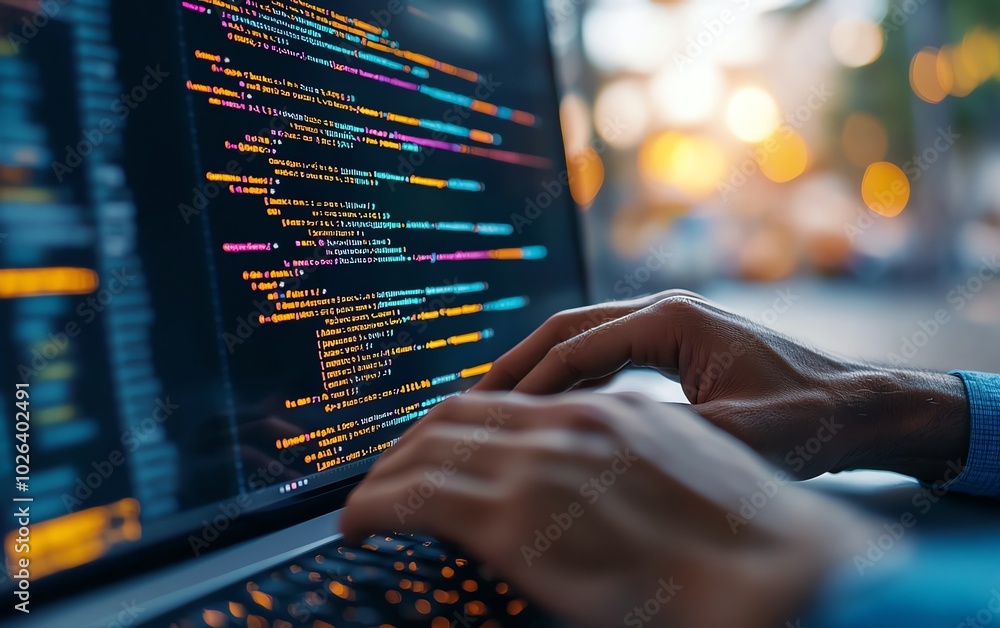 Poster skilled man coding for cybersecurity, highlighting networking solutions and strategies for combating
