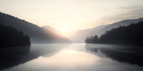 Fototapeta premium Serene sunrise over the tranquil lake surrounded by mountains in early morning light
