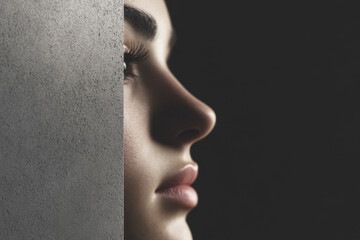 A close-up profile of a young woman illuminated by soft light against a dark background