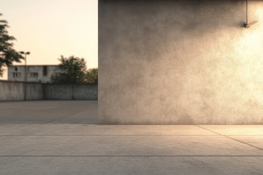 Evening light casts soft shadows on a textured wall in an urban outdoor space