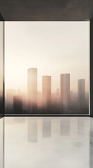 Sunrise over urban skyline viewed from a modern interior with a reflective floor