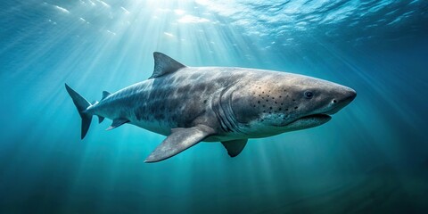 Fototapeta premium Image of a Greenland shark encounter in the deep sea, showing the asymmetrical features of the Somniosus microcephalus species.