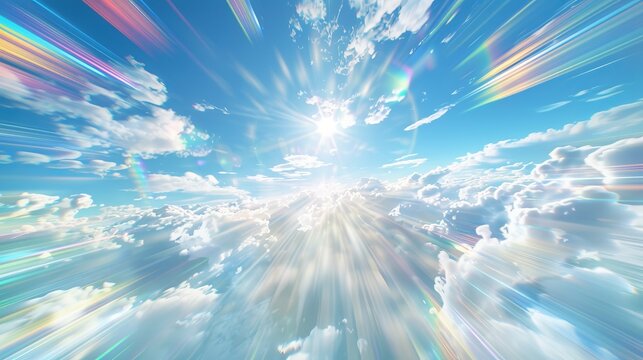 Dynamic first person view of a vibrant rainbow arcing through a blue sky in hyper speed motion