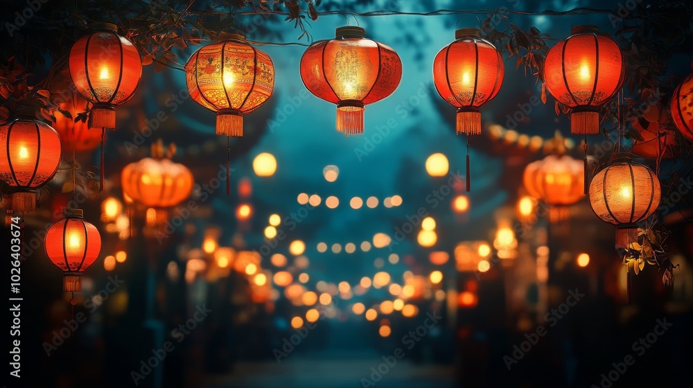 Poster illuminated red lanterns hanging in a festive setting