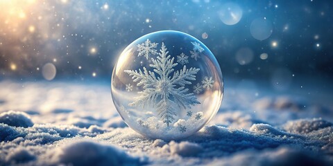 Wide-Angle Snowflakes dance in glass orb against snowy backdrop