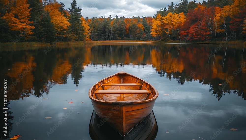 Poster a serene autumn scene featuring a wooden boat floating on a calm lake, surrounded by vibrant fall fo