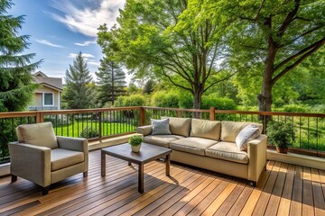 Obraz premium Outdoor relaxation area with sofa and chair on deck overlooking trees in yard behind