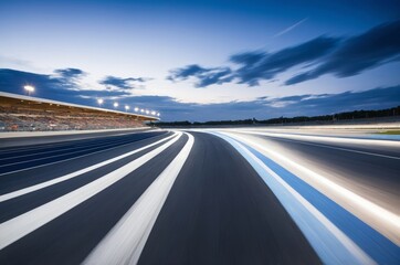 Long exposure of race track at dusk cars speeding around curve