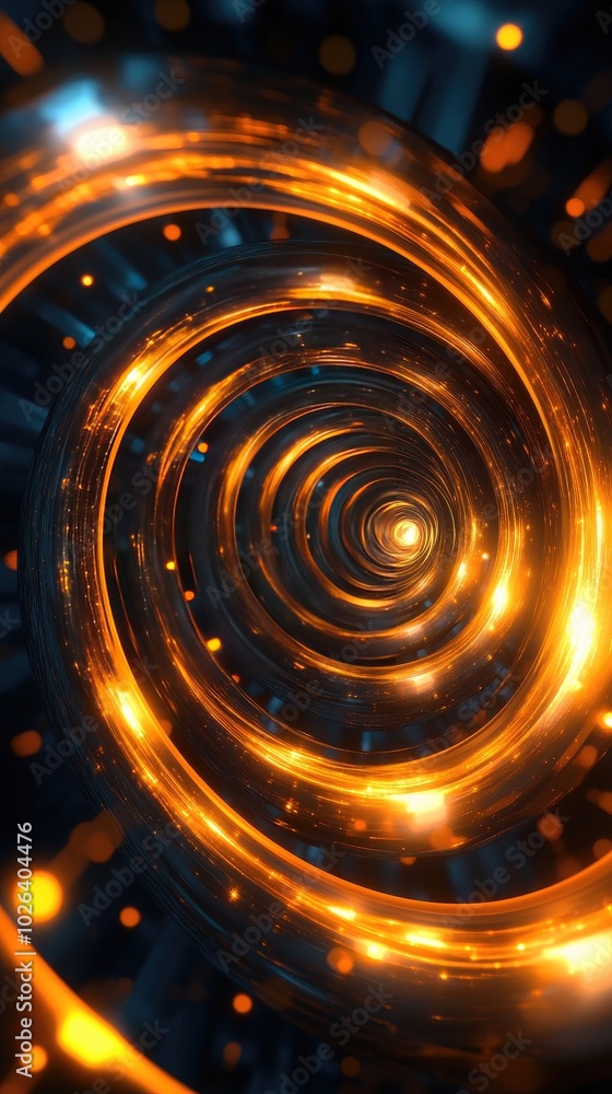 Poster a mesmerizing abstract swirl of golden light, creating a hypnotic tunnel effect with glowing particl