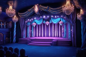 A grand theater stage featuring elegant drapery, chandeliers, and vibrant lighting, perfect for performances and events.
