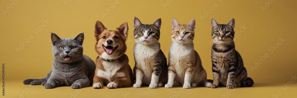 Wall mural dog and cat portrait on yellow background isolated. pets and companions. commercial banner for adver