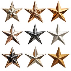 Obraz premium Shiny metallic stars in various colors and textures on white background