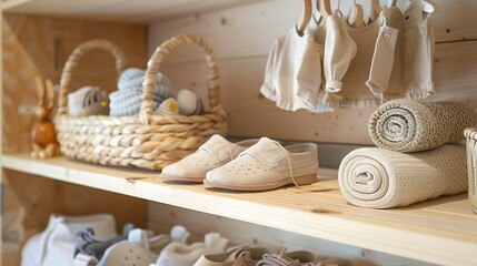 Wooden toys baby shoes and organic clothes on the shelf in the kids room