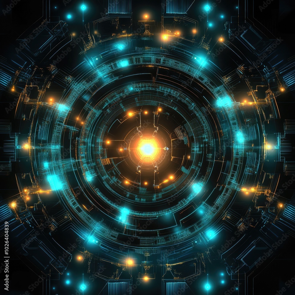 Poster futuristic abstract digital circuit with glowing lights and intricate patterns, ideal for technology