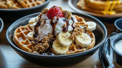 Waffles being topped with whipped cream, chocolate syrup and sliced bananas