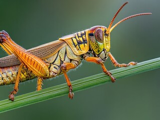 A close-up of a grasshopper perched on a blade of grass, with its intricate markings and large eyes visible.