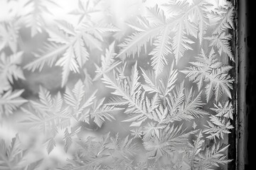 Frost patterns on a window during winter, creating intricate icy designs