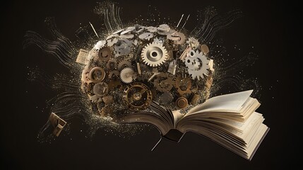 Concept art of a brain with gears, books, and digital patterns exploding outward, signifying the expansion of knowledge.