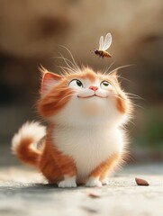 Fototapeta premium Cute Kitty's Close Encounter: A 3D Cartoon Cat Meets a Beautiful Insect in a Minimalist, Award-Winning Illustration