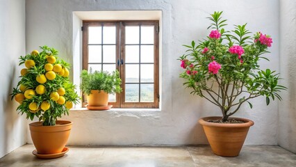 Naklejka premium Overwintering mediterranean plants lemon tree oleander in cellar next to windowsill