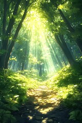 Obraz premium A serene forest pathway illuminated by sunlight filtering through lush green trees, creating a magical atmosphere.
