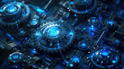 Fototapeta premium Futuristic High Tech Mechanical Gears with Glowing Blue Highlights in a Cyberpunk Style