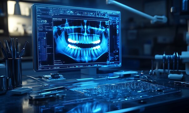 A glowing digital screen displays a detailed dental X-ray, while a sleek workstation features various tools and equipment in a modern dental environment.