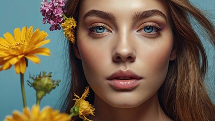 Fototapeta premium Minimalist portrait of cute woman with flowers on her head on blue background. Woman with various colorful flowers intricately placed in her hair. Spring fashion concept 
