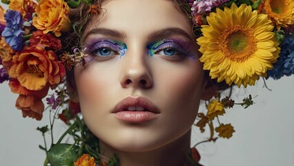 Fototapeta premium Minimalist portrait of cute woman with flowers on her head on white background. Woman with various colorful flowers intricately placed in her hair. Spring fashion concept 
