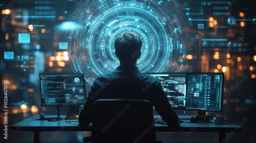 Poster A man is sitting in front of a computer monitor with a blue circle on the screen
