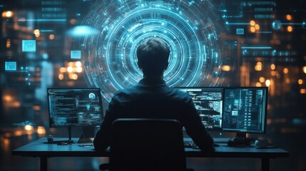 Obraz premium A man is sitting in front of a computer monitor with a blue circle on the screen