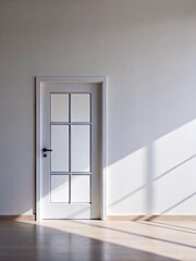 Sunlight casts geometric shadows through a white door.