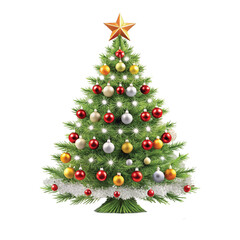 Realistic Christmas Tree with lights, red and gold Christmas balls, gold tinsel garland and stars png design