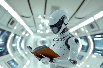 Futuristic robot reading a book in a high-tech space station corridor