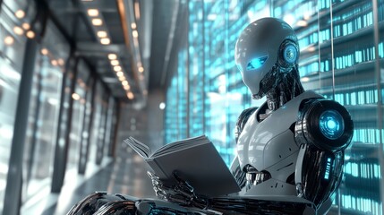 Fototapeta premium Futuristic robot reading a book in a high-tech digital environment