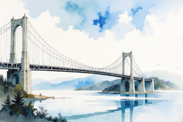 Obraz premium Large suspension bridge spanning water with tourists admiring the view