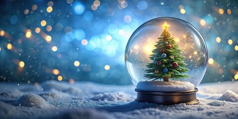 Low Angle Snowglobe with Christmas Tree Inside on Christmas Scene Background