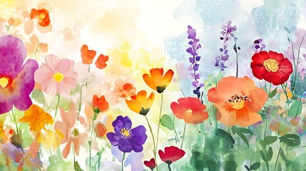 A colorful watercolor painting of a garden filled with blooming flowers. Illustration